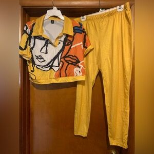 SHEIN Size 1XL Yellow Abstract Pants Set